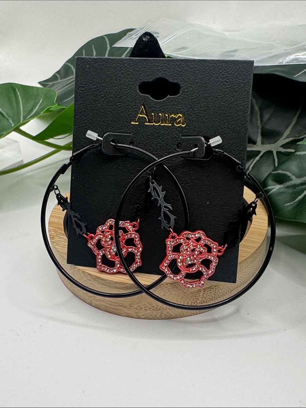 Aura Oversized Black Hoop & Red Rhinestone Rose Earrings (BR1010/3) - Picture 2 of 6